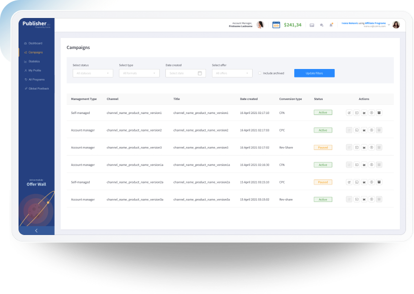 Coinis Publisher platform dashboard showing campaigns, payouts and live statistics